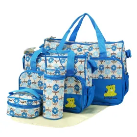 5PCS Baby Nappy Diaper Bags Set Mummy Diaper Shoulder Bags W/ Nappy Changing Pad Insulated Pockets Travel Tote Bags (Option: Blue)